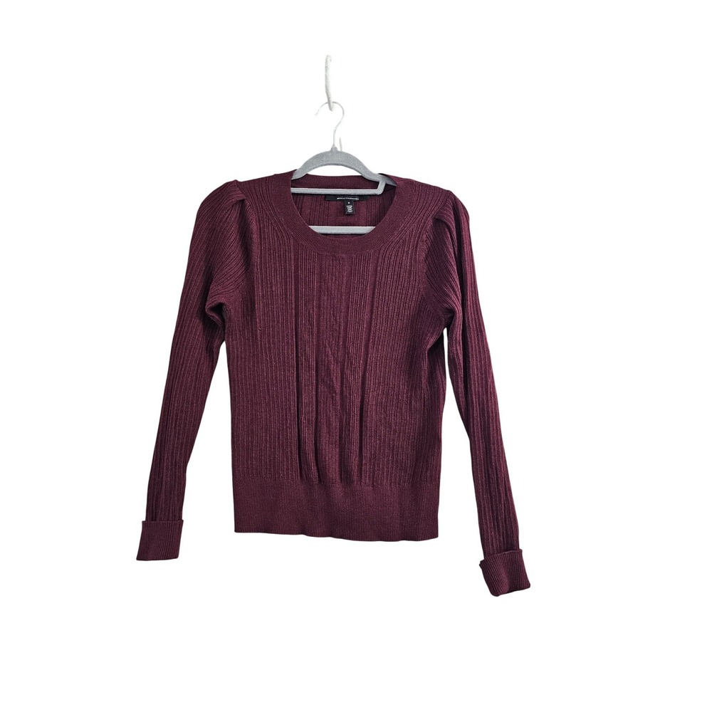 White House Black Market Sweater Women S Burgundy Solid Ribbed Puff Sleeve Knit